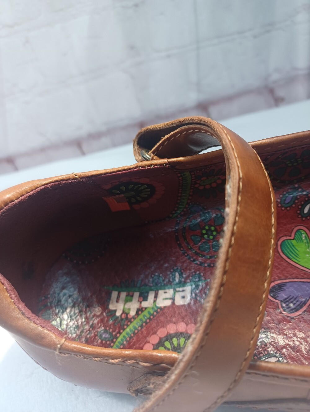 earth leather mary jane brown colorful printed footbed retro comfort shoes Sz 8 - Picture 7 of 15
